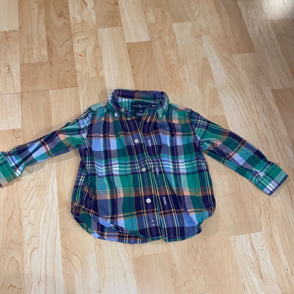 Ralph Lauren baby blue/green/pink plaid long sleeve button down - 12 months